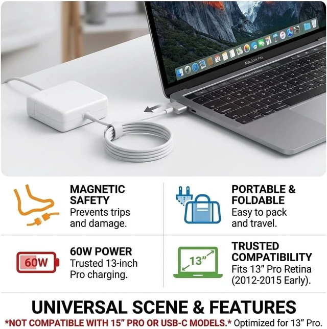 Alt view image 4 of 5 - UL Certified 60W MacBook Pro Charger Replacement MagSafe 2 Compatible with MacBook Pro 13 Inch Retina (2012-2015) & MacBook Air 11/13 Inch (2012-2017) A1425 A1435 A1465 A1466 A1502