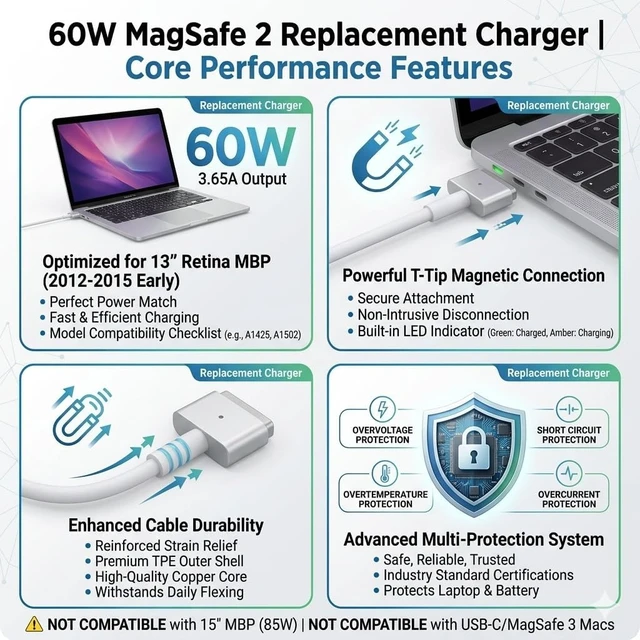 Alt view image 5 of 5 - UL Certified 60W MacBook Pro Charger Replacement MagSafe 2 Compatible with MacBook Pro 13 Inch Retina (2012-2015) & MacBook Air 11/13 Inch (2012-2017) A1425 A1435 A1465 A1466 A1502