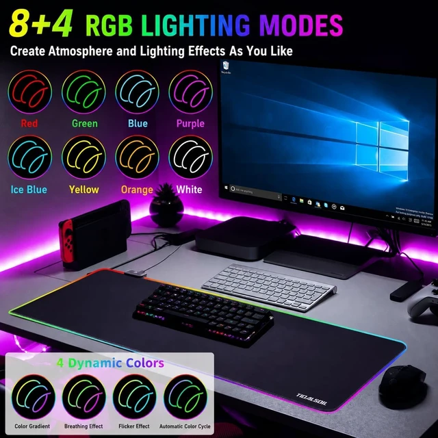 Alt view image 2 of 6 - RGB Gaming Mouse Pad 31.5x11.8 in Extended LED Desk Mat Black