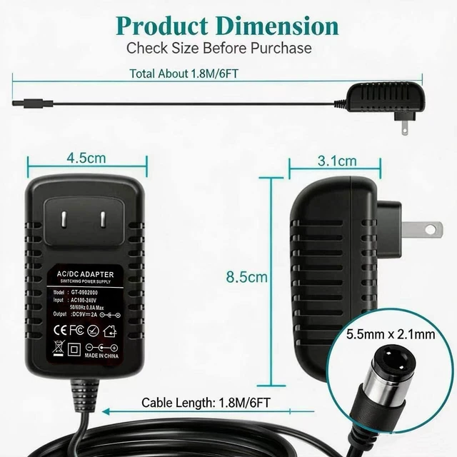 Alt view image 2 of 7 - 9V 2A Power Supply Adapter Universal AC DC Adapter 100-240V to DC 9V 2A/1A Power Cord with 6FT Cable Center Positive/Negative Polarity Converter 5.5mm x 2.1mm Plug for Electronics