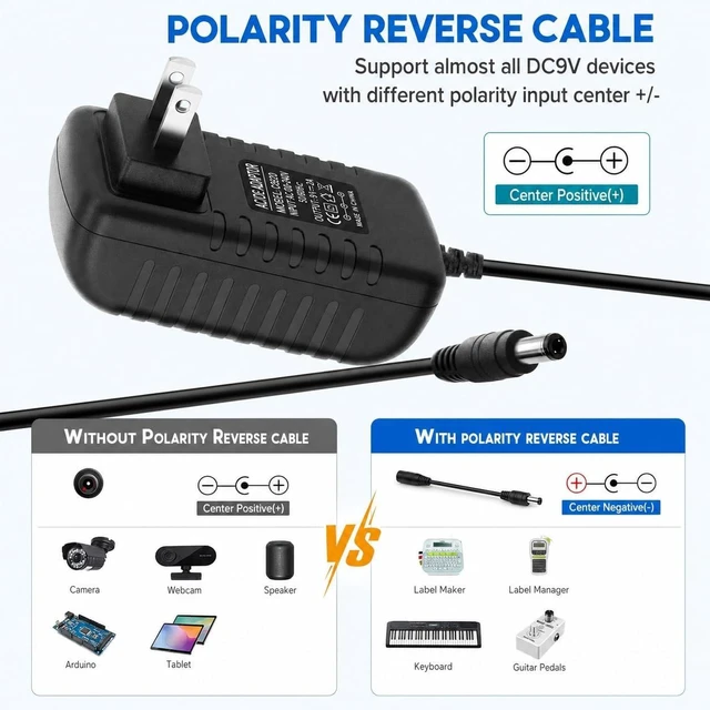 Alt view image 4 of 7 - 9V 2A Power Supply Adapter Universal AC DC Adapter 100-240V to DC 9V 2A/1A Power Cord with 6FT Cable Center Positive/Negative Polarity Converter 5.5mm x 2.1mm Plug for Electronics