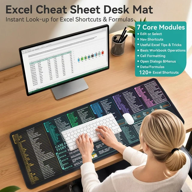 Alt view image 2 of 7 - Excel Cheat Sheet Desk Pad and Gaming Mouse Pad with A Non-Slip Rubber Base