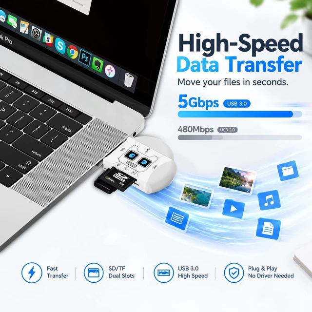 Alt view image 3 of 7 - SD Card Reader USB 3.0 Dual Slot for TF/SD Card for Mac/PC