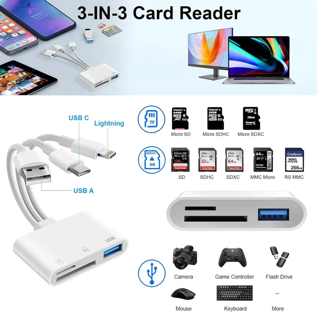 Alt view image 2 of 7 - SD Card Reader for iPhone iPad Mac USB C & Lightning & USB-A 3 in 1 MircoSD/SD Adapter for Digital Camera USBC USB A Memory Card Reader for All Device/Type C Phone/Laptop/Computer