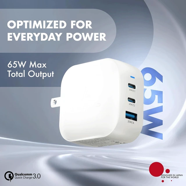 Alt view image 2 of 7 - 65W GaN Charger 2XType-C & USB-A Superfast 2.0 Charging Compatible for iPhone 17/16/16 Pro Max/15 Series/iPad Pro Smartphones Tablets and More PD/PPS/QC 3.0 Compact Foldable Plug