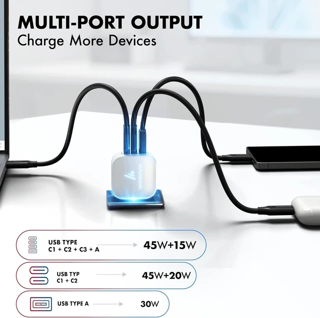 Alt view image 5 of 7 - 65W GaN Charger 2XType-C & USB-A Superfast 2.0 Charging Compatible for iPhone 17/16/16 Pro Max/15 Series/iPad Pro Smartphones Tablets and More PD/PPS/QC 3.0 Compact Foldable Plug