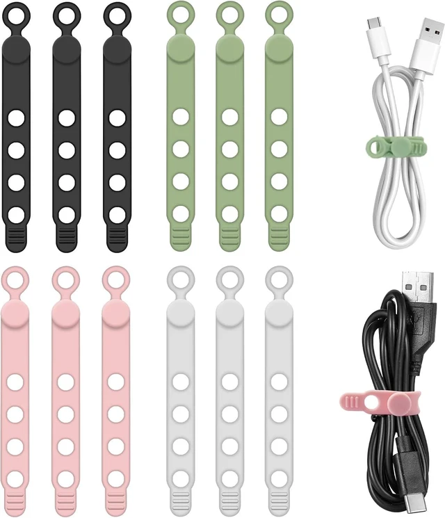 Main image of Silicone Cable Ties for Cord Organizer Cable Management Ties with Lock Buckle Elastic Cable Wraps Management for Multipurpose Cables Travel Essentials for Bundling and Fastening (12 4 Colors)