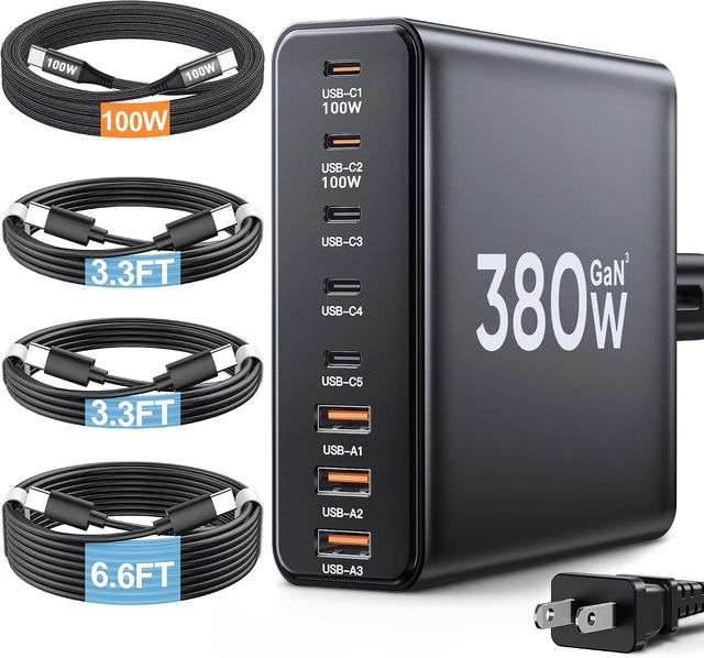 Main image of 380W USB C Charger Block with 4 USB Cables Dual 100W Charging Station