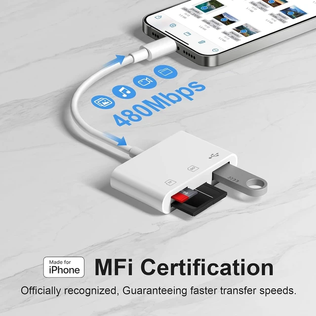 Alt view image 2 of 7 - SD Card Reader for iPhone 14/13/12/11 3-in-1 Lightning to SD Card Reader
