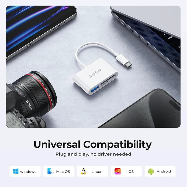 Alt view image 5 of 7 - USB C to SD Card Reader Raycue SD Card Adapter with SD MicroSD USB 3 Ports USBC Memory Card Reader for iPhone 15 16 17 iPad Mac MacBook Pro/Air Android and More USB-C/Type C Devices