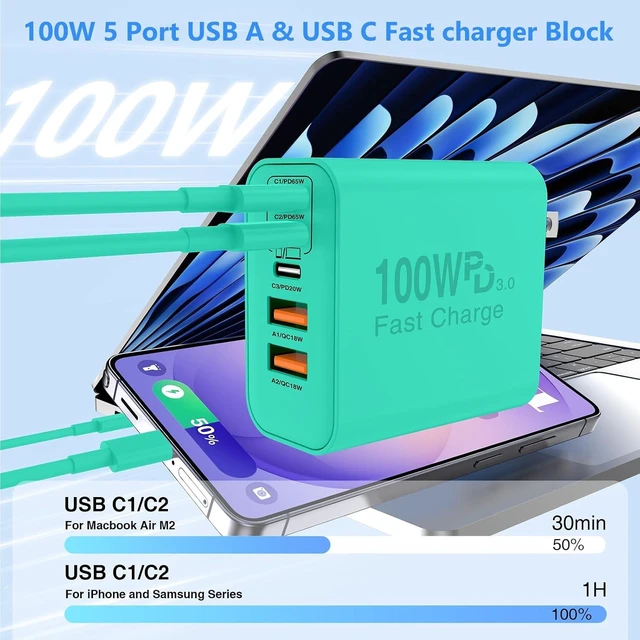 Alt view image 2 of 7 - USB C Wall Fast Charger Block 100W 5-Port Type C Fast Charging Block