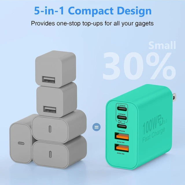 Alt view image 5 of 7 - USB C Wall Fast Charger Block 100W 5-Port Type C Fast Charging Block