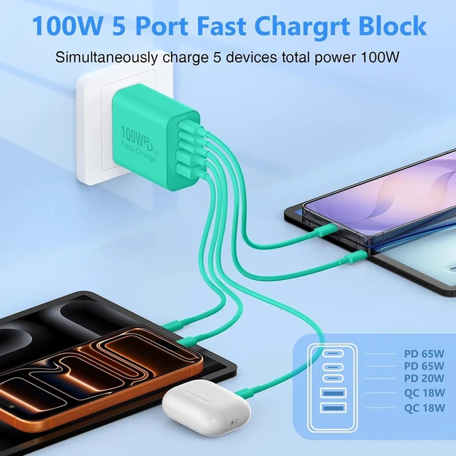 Alt view image 3 of 7 - USB C Wall Fast Charger Block 100W 5-Port Type C Fast Charging Block