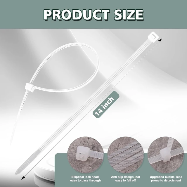 Alt view image 2 of 6 - White Clear Zip Ties 14 Inch (100 Pack) - 60 lb Heavy Duty UV Resistant Self-Locking Nylon Cable Ties for Outdoor Use