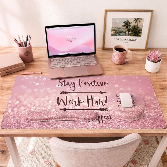 Alt view image 7 of 7 - Pink Ergonomic Mouse Pad with Wrist Rests Set for Desk Accessories