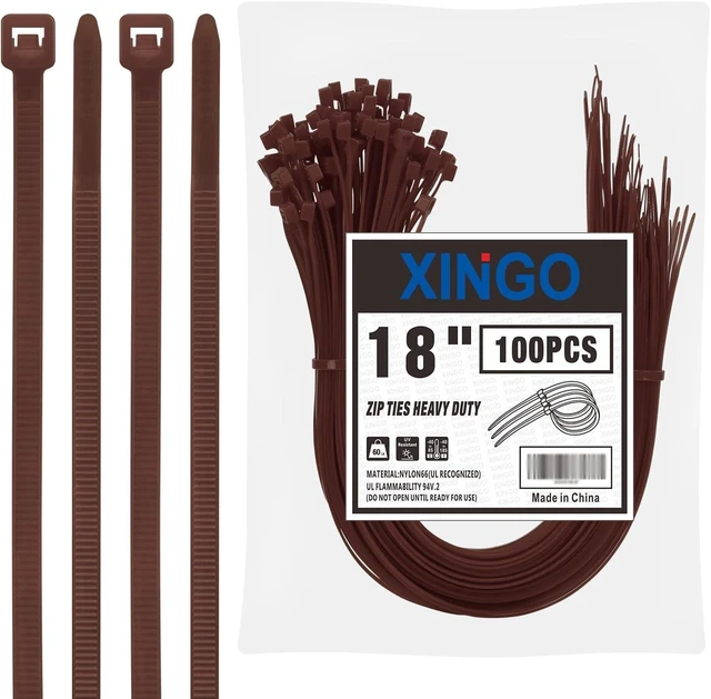 Main image of 18 inch Brown Zip Ties Heavy Duty (100 Pack) Black 60lb Tensile Strength UV Resistant Cable Ties for indoor and outdoor use