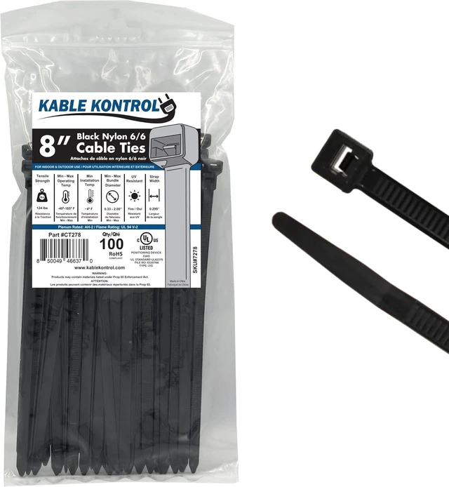 Main image of Kable Kontrol Cable Zip Ties 8 Inch 100 Pcs HD 120lbs Test Black