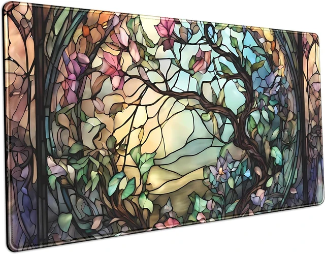 Main image of Stained Glass Tree Desk Mat Cartoon Tree Gaming Mouse Pad Large XXL Extended Desk Matt for Desktop Laptop Computer Keyboard Mouse Mat for Women Office Decor Accessories Deskmat 31.5x15.7