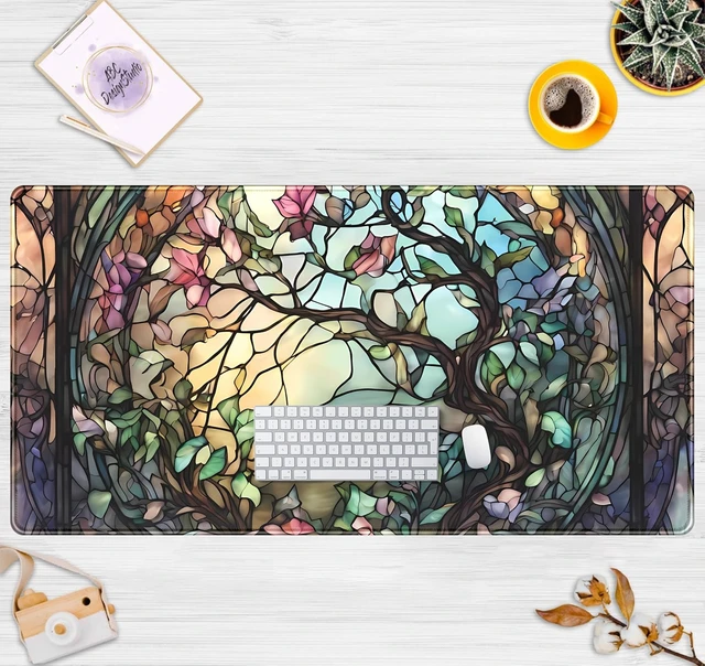 Alt view image 2 of 7 - Stained Glass Tree Desk Mat Cartoon Tree Gaming Mouse Pad Large XXL Extended Desk Matt for Desktop Laptop Computer Keyboard Mouse Mat for Women Office Decor Accessories Deskmat 31.5x15.7