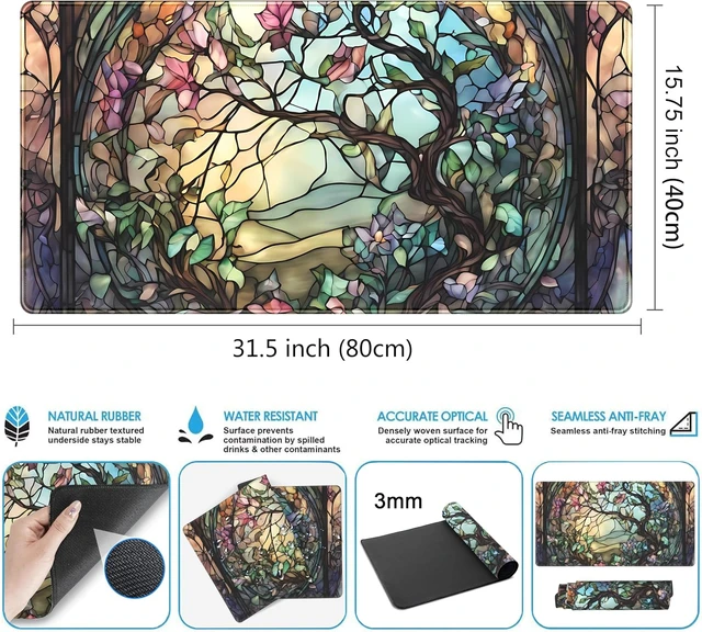 Alt view image 3 of 7 - Stained Glass Tree Desk Mat Cartoon Tree Gaming Mouse Pad Large XXL Extended Desk Matt for Desktop Laptop Computer Keyboard Mouse Mat for Women Office Decor Accessories Deskmat 31.5x15.7