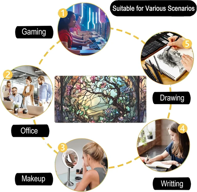 Alt view image 6 of 7 - Stained Glass Tree Desk Mat Cartoon Tree Gaming Mouse Pad Large XXL Extended Desk Matt for Desktop Laptop Computer Keyboard Mouse Mat for Women Office Decor Accessories Deskmat 31.5x15.7