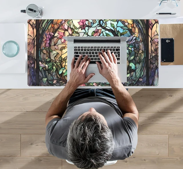 Alt view image 7 of 7 - Stained Glass Tree Desk Mat Cartoon Tree Gaming Mouse Pad Large XXL Extended Desk Matt for Desktop Laptop Computer Keyboard Mouse Mat for Women Office Decor Accessories Deskmat 31.5x15.7