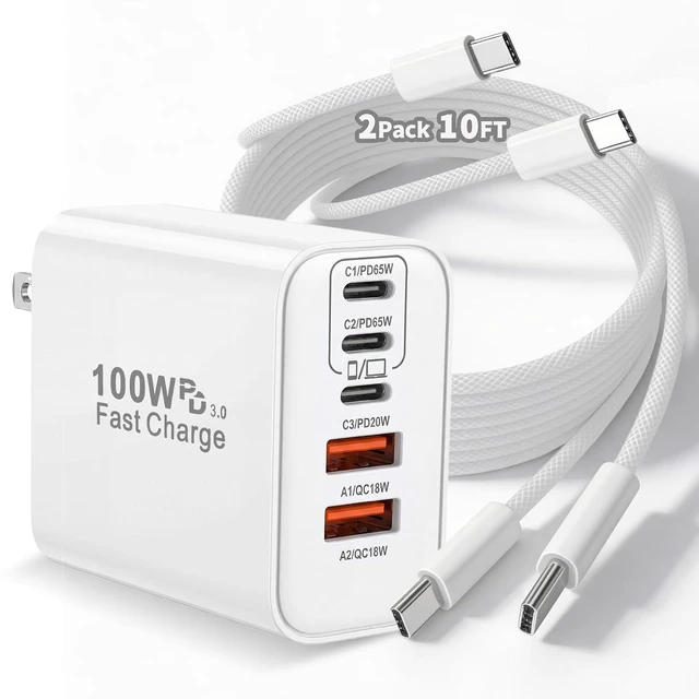 Main image of 100W USB C iPhone 17 16 15 Charger Fast Charging 2-Pack 10Foot Type C Woven Cable and 1-Pack 5-Port i Phone Charger Fast Charging Block for iPhone 17 Pro/17 Pro Max/Air/16 Pro Max/15 Plus/iPad Pro/Air