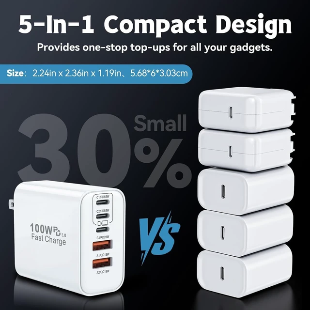 Alt view image 2 of 7 - 100W USB C iPhone 17 16 15 Charger Fast Charging 2-Pack 10Foot Type C Woven Cable and 1-Pack 5-Port i Phone Charger Fast Charging Block for iPhone 17 Pro/17 Pro Max/Air/16 Pro Max/15 Plus/iPad Pro/Air