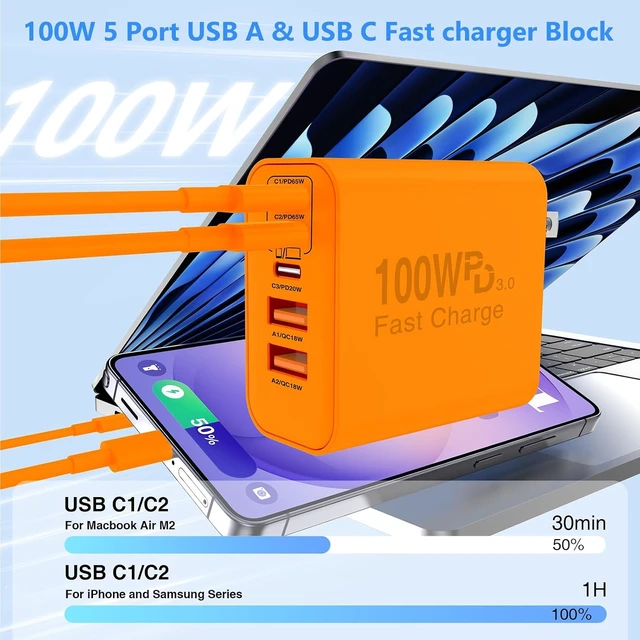 Alt view image 2 of 7 - USB C Wall Fast Charger Block 100W 5-Port Type C Fast Charging Block