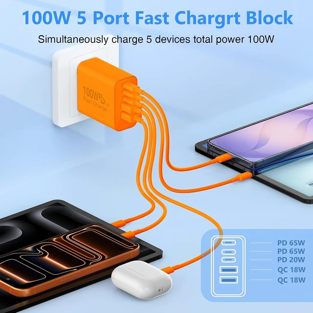 Alt view image 3 of 7 - USB C Wall Fast Charger Block 100W 5-Port Type C Fast Charging Block