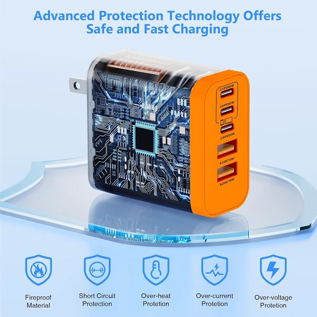Alt view image 4 of 7 - USB C Wall Fast Charger Block 100W 5-Port Type C Fast Charging Block