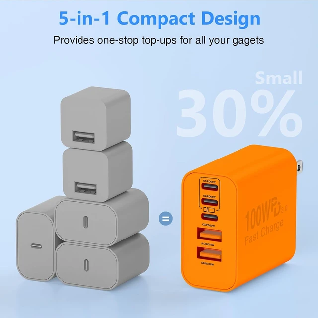 Alt view image 5 of 7 - USB C Wall Fast Charger Block 100W 5-Port Type C Fast Charging Block
