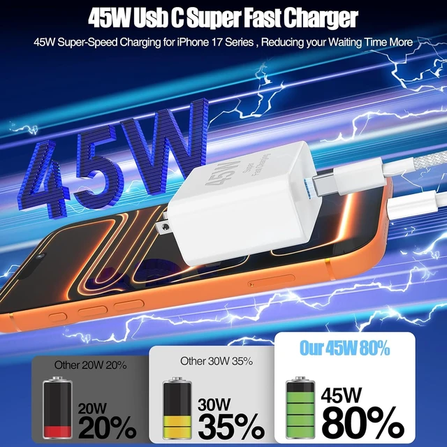 Alt view image 2 of 7 - 45W iPhone 18 17 16 Pro Max Charger Fast Charging with Braided Fast Cable