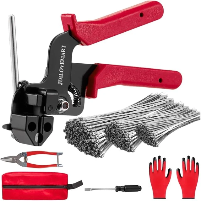 Main image of 155PCS Heavy Duty 304 Stainless Steel Cable Tie Gun Kit Includes 150PCS Metal Zip Ties(3 Sizes) Self-Locking UV & Corrosion Resistant for Fence Exhaust Pipe Chicken Coop Farm Use (Red)