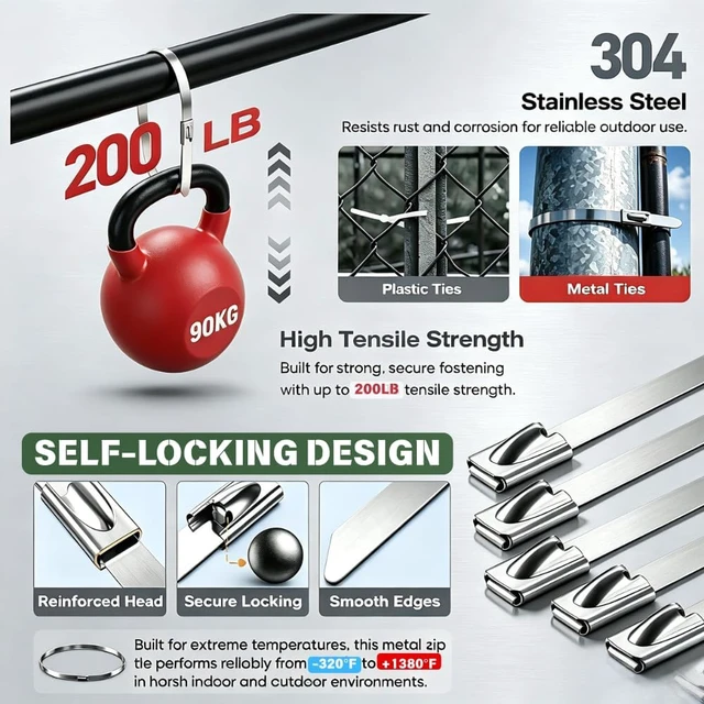 Alt view image 6 of 7 - 155PCS Heavy Duty 304 Stainless Steel Cable Tie Gun Kit Includes 150PCS Metal Zip Ties(3 Sizes) Self-Locking UV & Corrosion Resistant for Fence Exhaust Pipe Chicken Coop Farm Use (Red)