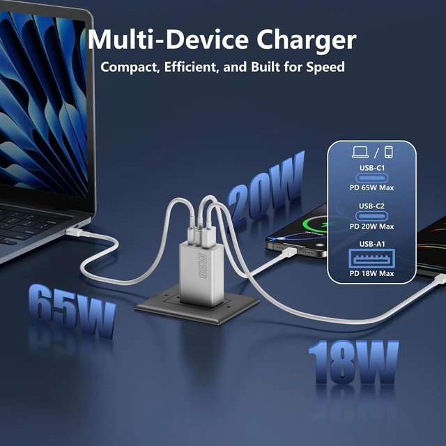 Alt view image 3 of 7 - 65W USB C Charger for iPhone 18/17 Pro Max 3-Port Fast Charge USB C Charge
