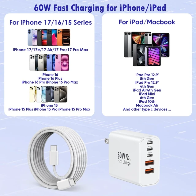 Alt view image 3 of 7 - iPhone 17/16 Fast Charger Block 2 Pack 60W USB Charging Block 5-Port Charge Adapter for iPhone Charger with 6FT USB C Woven Fast Charging Cable for iPhone17/16e/16Pro/15ProMax iPad Pro/Air/Mini