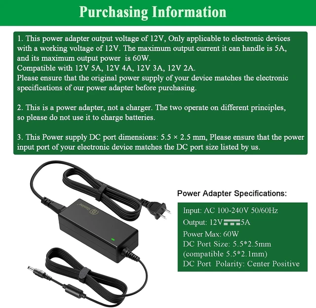 Alt view image 2 of 7 - 12V 5A Monitor Power Supply Cord AC 100-240V to DC 12V 5A 60W Power Adapter Compatible with 12Volt AOC Monitors 16 20 22 23 24 27 inch and 22 23 24 27 inch Replacement AC/DC Adapter.