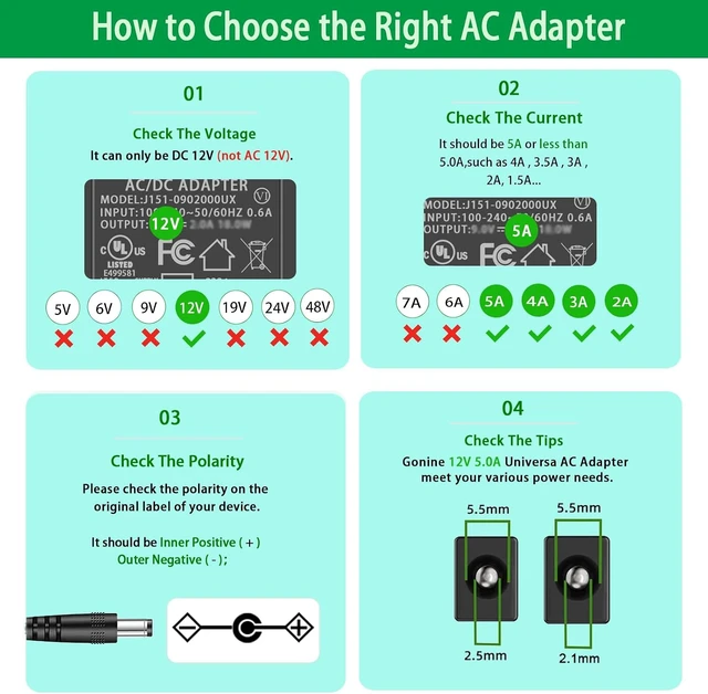 Alt view image 3 of 7 - 12V 5A Monitor Power Supply Cord AC 100-240V to DC 12V 5A 60W Power Adapter Compatible with 12Volt AOC Monitors 16 20 22 23 24 27 inch and 22 23 24 27 inch Replacement AC/DC Adapter.