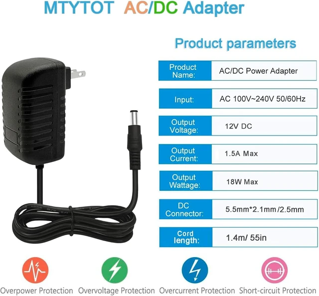 Alt view image 2 of 7 - 12Volt Power Supply 1.5A AC/DC Adapter 100-240V 50/60Hz to DC 12V 1.5Amp Power Adapter Cord 5.5mm x 2.5mm DC Plug Connectivity