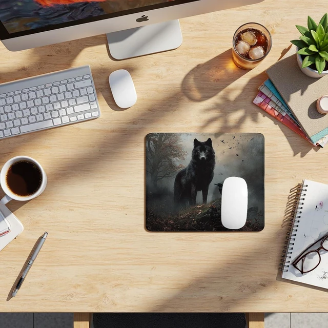 Alt view image 3 of 6 - Moody Forest Wolf Raven Mouse Pad Dark Contemporary Botanical Wolf Crow Bird Mousepad for Desk Home Office Dorm Computers Laptop Gothic Office Supplies Desk Accessories 9.5x7.9 Inch
