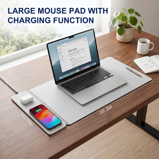 Alt view image 2 of 7 - 15W Wireless Charging Mouse Pad 31.5x15.75 Double-Sided Faux Leather