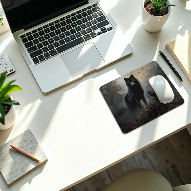 Alt view image 2 of 6 - Moody Forest Wolf Raven Mouse Pad Dark Contemporary Botanical Wolf Crow Bird Mousepad for Desk Home Office Dorm Computers Laptop Gothic Office Supplies Desk Accessories 9.5x7.9 Inch