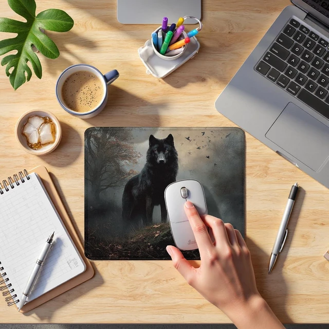 Alt view image 5 of 6 - Moody Forest Wolf Raven Mouse Pad Dark Contemporary Botanical Wolf Crow Bird Mousepad for Desk Home Office Dorm Computers Laptop Gothic Office Supplies Desk Accessories 9.5x7.9 Inch