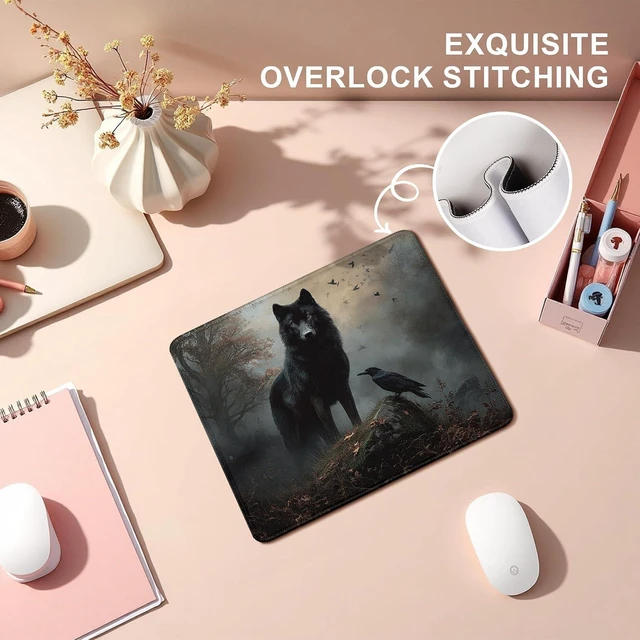 Alt view image 4 of 6 - Moody Forest Wolf Raven Mouse Pad Dark Contemporary Botanical Wolf Crow Bird Mousepad for Desk Home Office Dorm Computers Laptop Gothic Office Supplies Desk Accessories 9.5x7.9 Inch