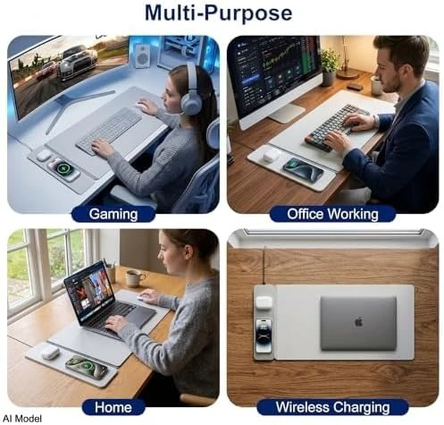 Alt view image 6 of 7 - 15W Wireless Charging Mouse Pad 31.5x15.75 Double-Sided Faux Leather