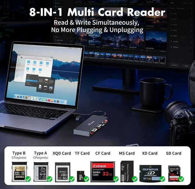 Alt view image 2 of 7 - CFexpress Type B & Type A Card Reader Professional 8-Slot USB 3.2 10Gbps Memory Card Adapter for XQD SD TF MS XD CF Simultaus Read Multi Slot Adapter for for Windows Mac OS Linux iOS Android