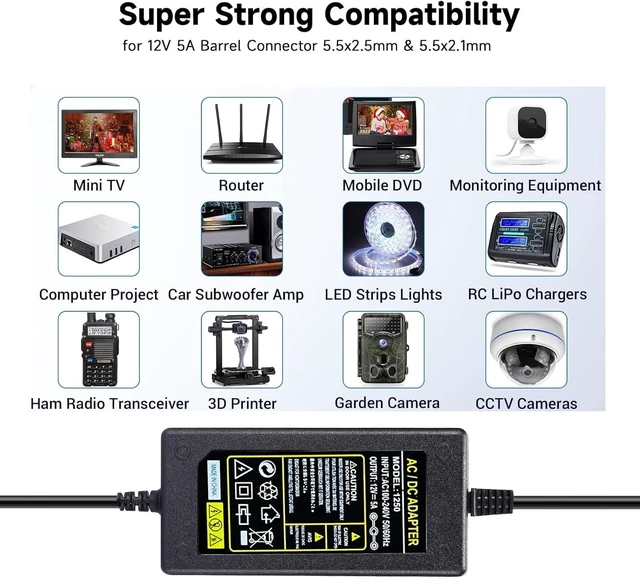 Alt view image 4 of 7 - Sceptre Monitor Power Cord 12V 5A AC Adapter Replacment for Sceptre EC Series 32 30 27 24 22 20 19 15 E248W E225W E205W E275W E209W Monitor Power Supply Cord Charger & More 12V 5V 4A 3A 2A