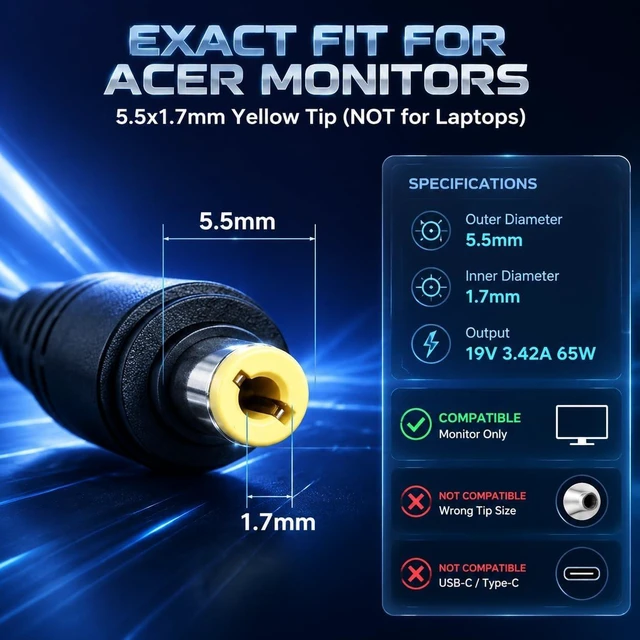 Alt view image 4 of 7 - 19V Monitor Power Cord for (65W 3.42A 5.5x1.7mm Yellow Tip)