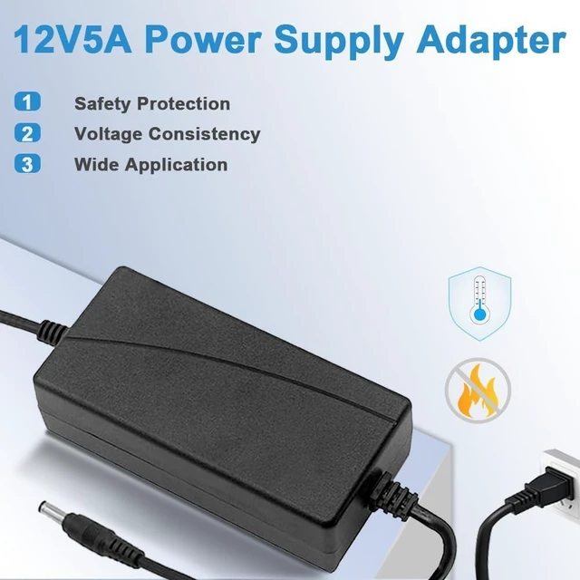 Alt view image 2 of 7 - 12V 5A Power Supply Charger AC/DC Adapter 60W Switching Power Adapter with 1 DC Plug Fit for 3D Printer CCTV Camera Kids Children Electric Ride On Car